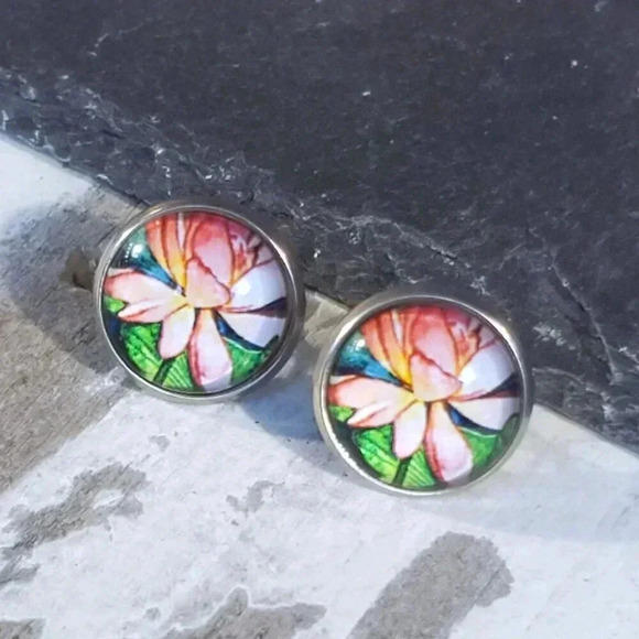 Lotus Flower Zen Garden Pink Green Antiqued Brass Stud Handcrafted Earrings - Picture 7 of 8